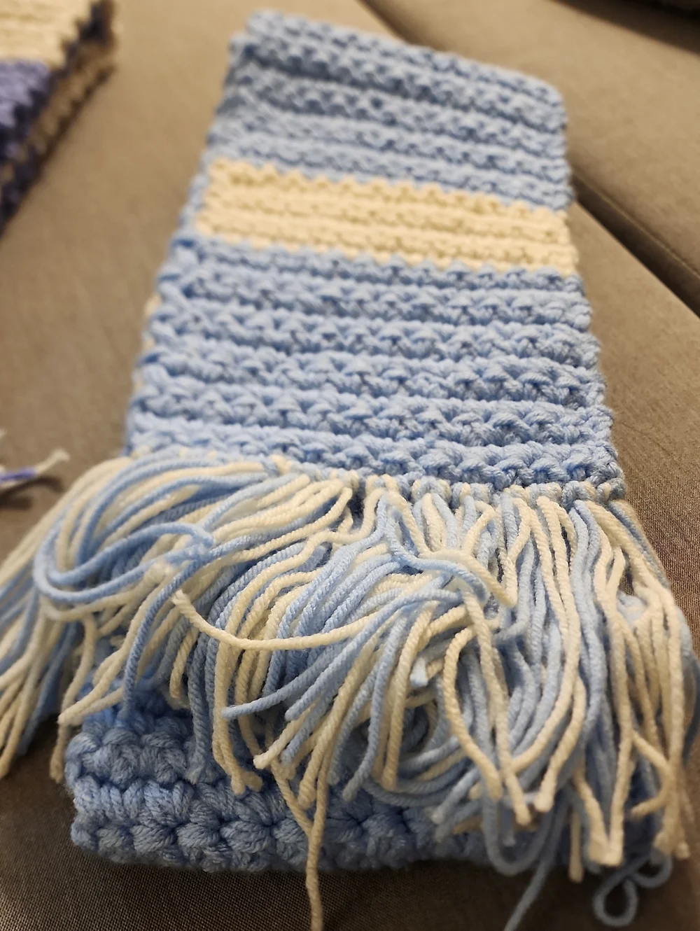 Handknit Light Blue and Cream Crochet Scarf - Home Accents